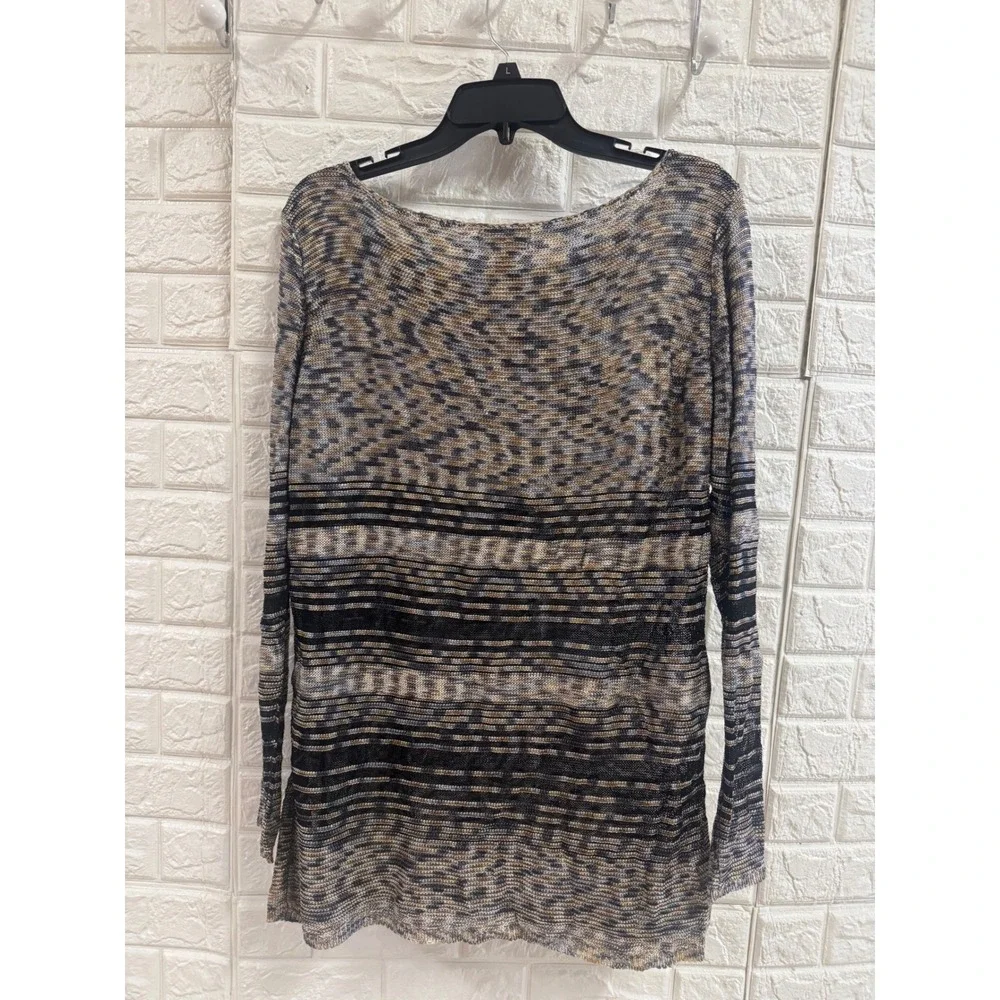 Anne Klein II Brown Tan Striped Knit Sweater Boat Neck Rayon Top Womens Large